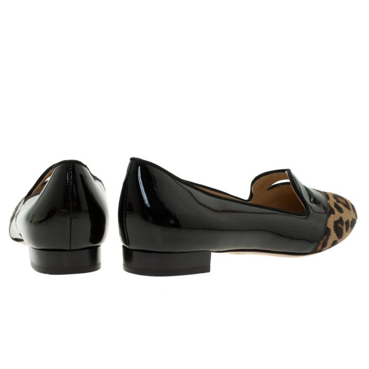 Pre Owned Charlotte Olympia Leopard Pony Hair and Patent Kiss Me Darcy Ballet Flats Size 41