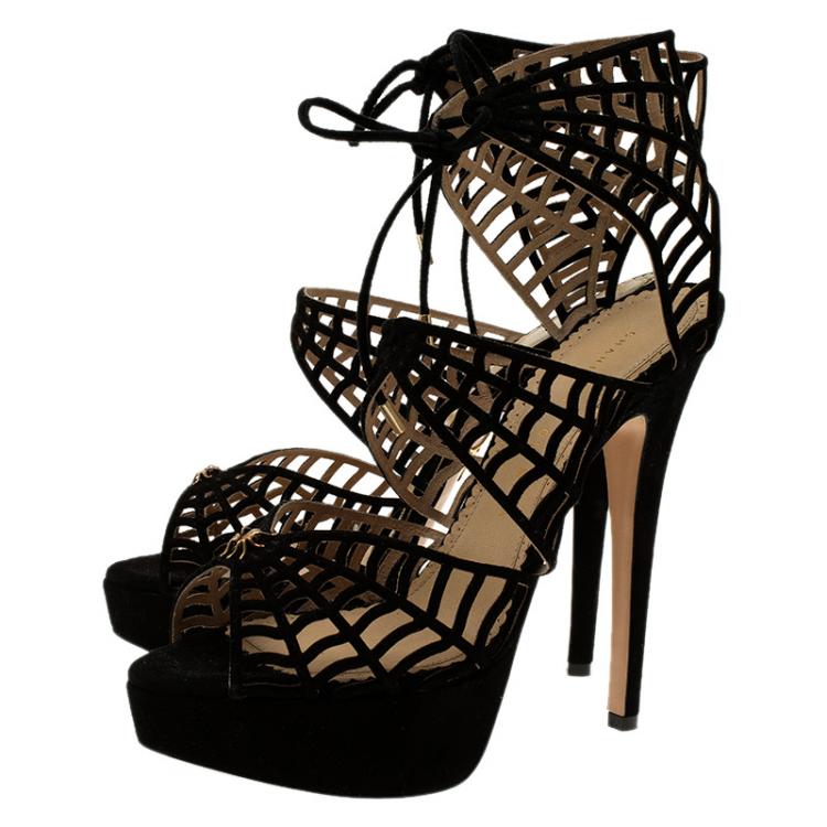 مملوكة مسبقًا Charlotte Olympia Black Suede Caught in Charlotte’s Web Platform Sandals Size 38