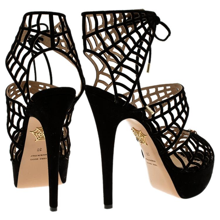 مملوكة مسبقًا Charlotte Olympia Black Suede Caught in Charlotte’s Web Platform Sandals Size 38