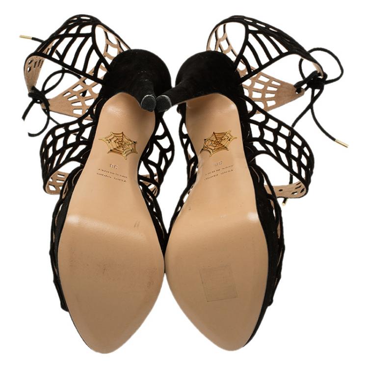 مملوكة مسبقًا Charlotte Olympia Black Suede Caught in Charlotte’s Web Platform Sandals Size 38