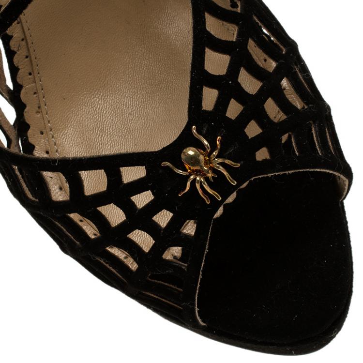 مملوكة مسبقًا Charlotte Olympia Black Suede Caught in Charlotte’s Web Platform Sandals Size 38