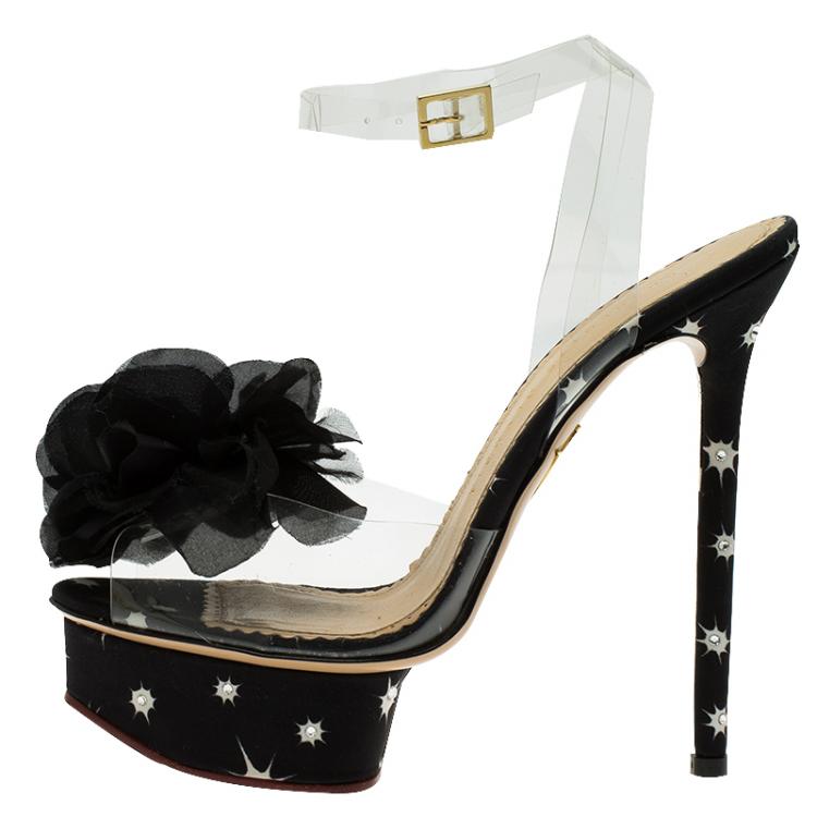 Pre Owned Charlotte Olympia Black Satin and PVC Marylin Slingback Platform Sandals Size 37 