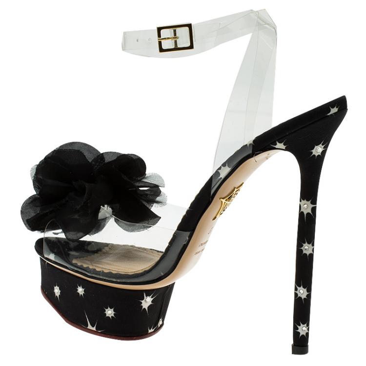Pre Owned Charlotte Olympia Black Satin and PVC Marylin Slingback Platform Sandals Size 37 