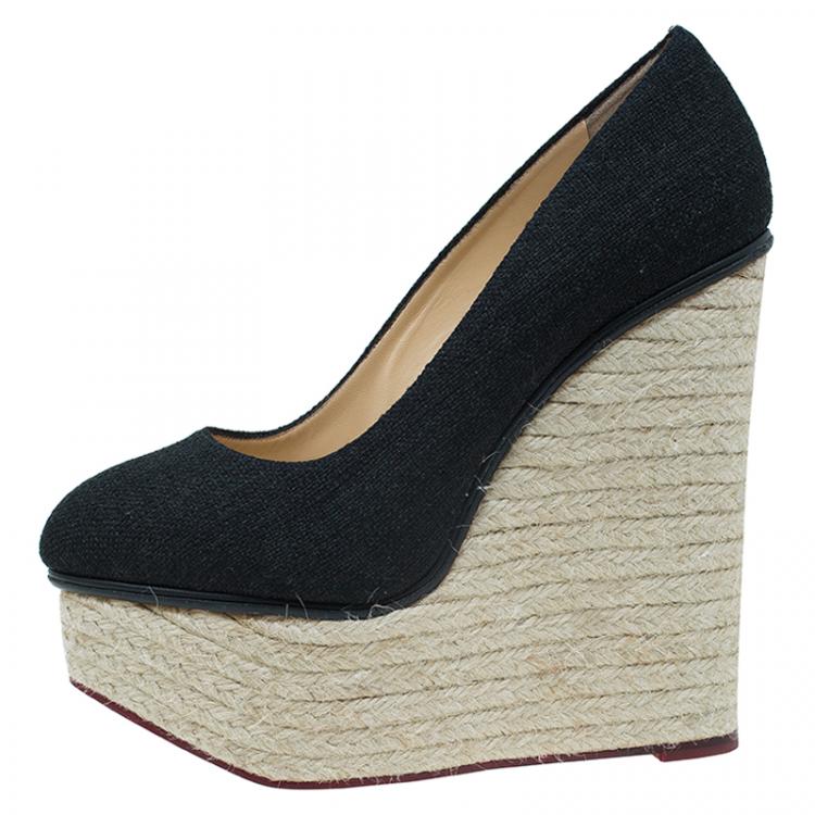 Pre Owned Charlotte Olympia Black Canvas Espadrille Platform Wedge Pumps Size 39.5 