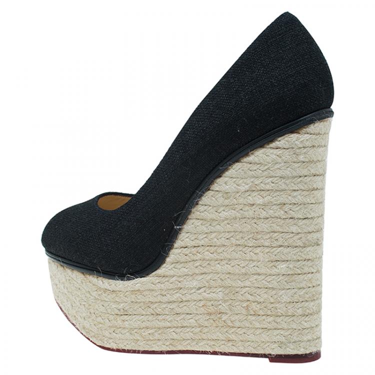 Pre Owned Charlotte Olympia Black Canvas Espadrille Platform Wedge Pumps Size 39.5 