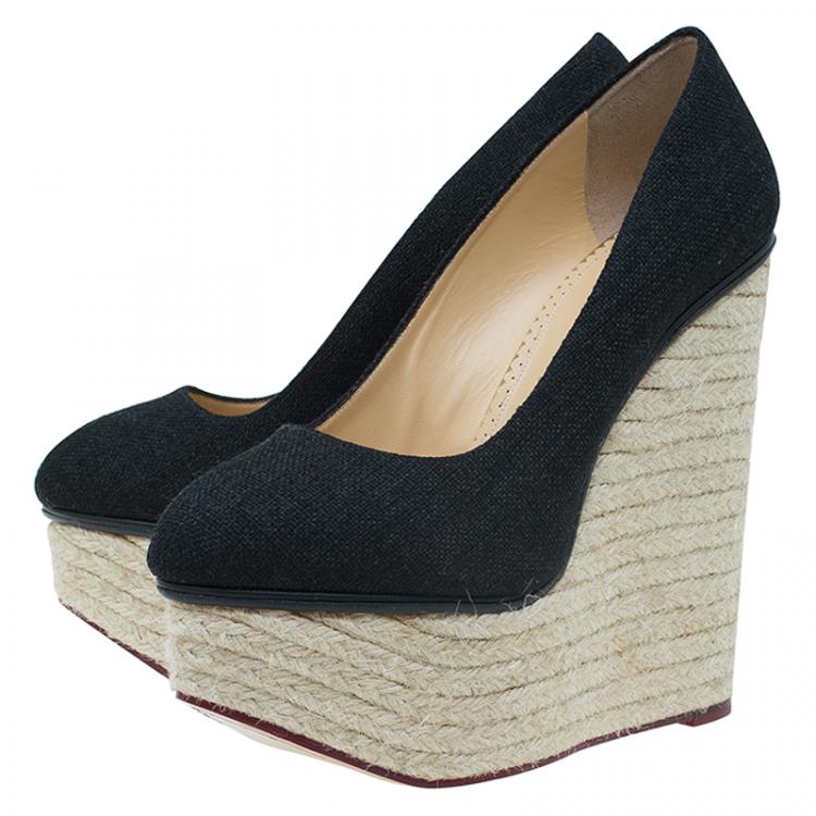 Pre Owned Charlotte Olympia Black Canvas Espadrille Platform Wedge Pumps Size 39.5 