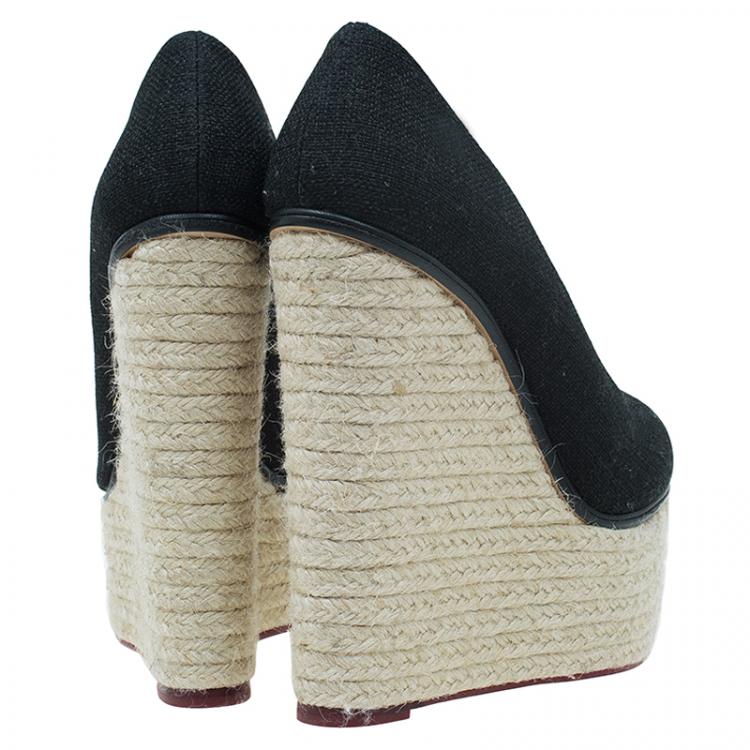 Pre Owned Charlotte Olympia Black Canvas Espadrille Platform Wedge Pumps Size 39.5 