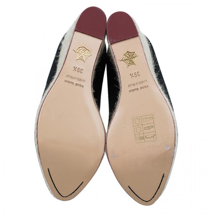 Pre Owned Charlotte Olympia Black Canvas Espadrille Platform Wedge Pumps Size 39.5 