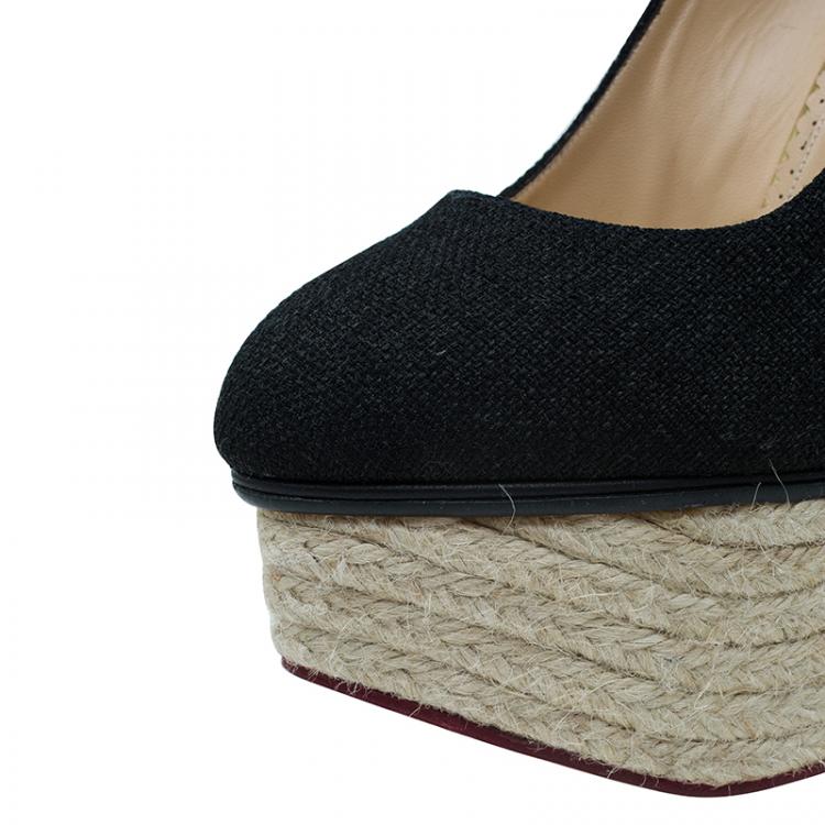 Pre Owned Charlotte Olympia Black Canvas Espadrille Platform Wedge Pumps Size 39.5 