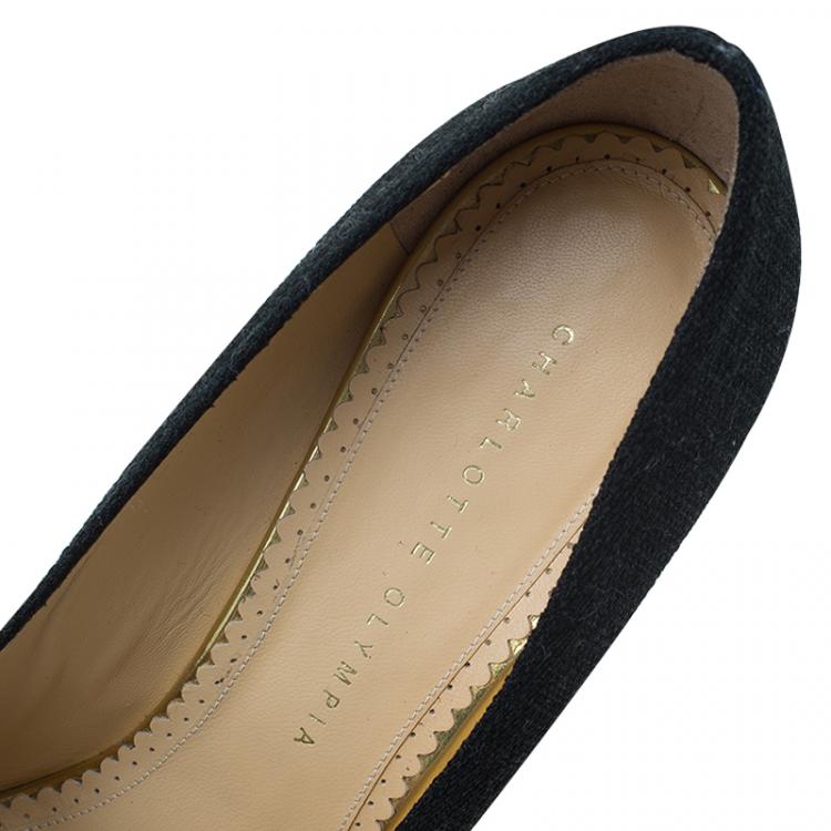 Pre Owned Charlotte Olympia Black Canvas Espadrille Platform Wedge Pumps Size 39.5 