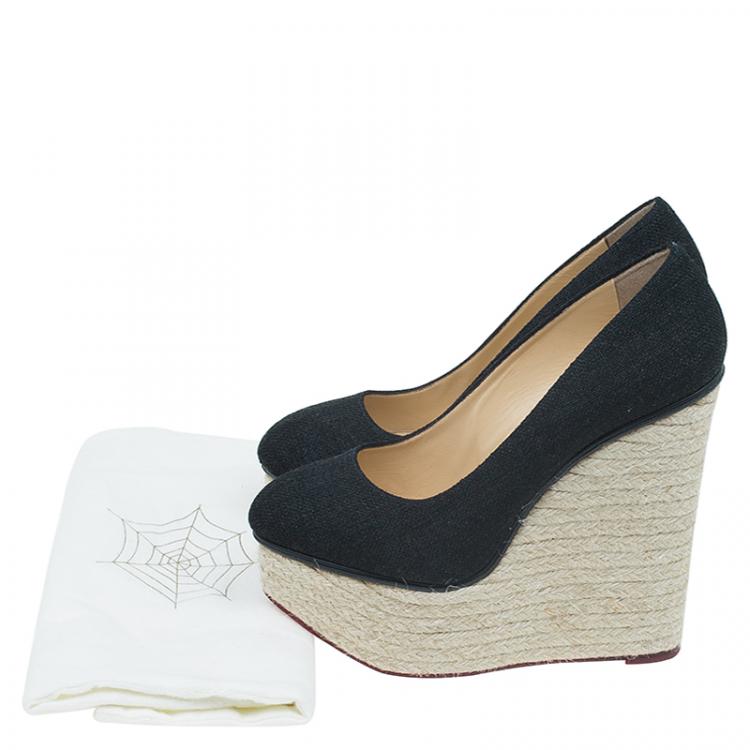 Pre Owned Charlotte Olympia Black Canvas Espadrille Platform Wedge Pumps Size 39.5 