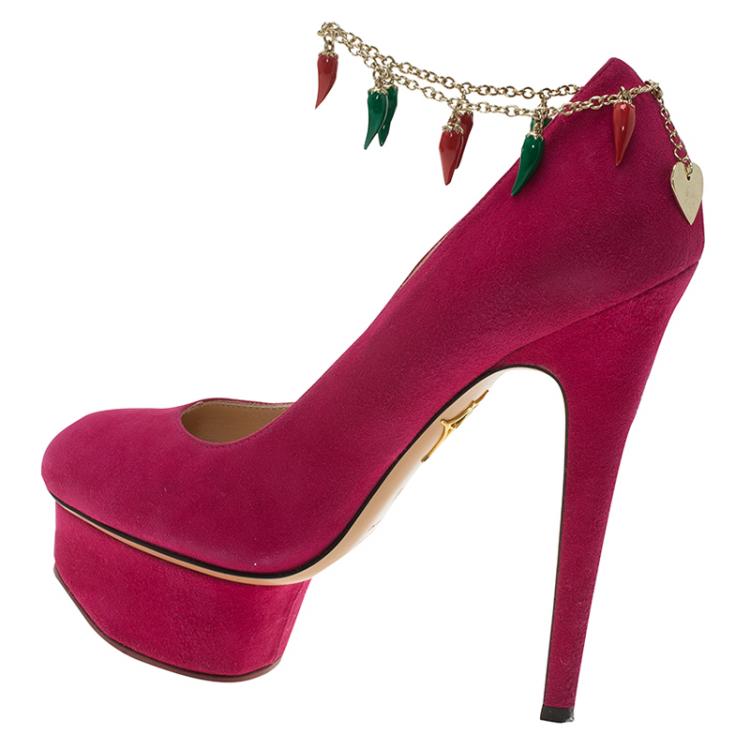 مملوكة مسبقًا Charlotte Olympia Pink Suede Hot Dolly Chili Anklet Platform Pumps Size 35.5
