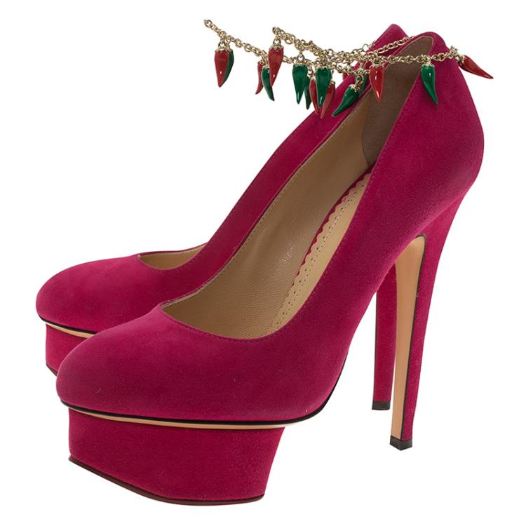 مملوكة مسبقًا Charlotte Olympia Pink Suede Hot Dolly Chili Anklet Platform Pumps Size 35.5
