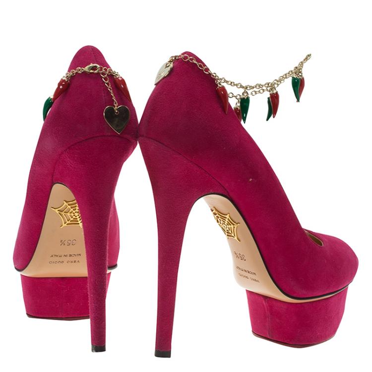 مملوكة مسبقًا Charlotte Olympia Pink Suede Hot Dolly Chili Anklet Platform Pumps Size 35.5