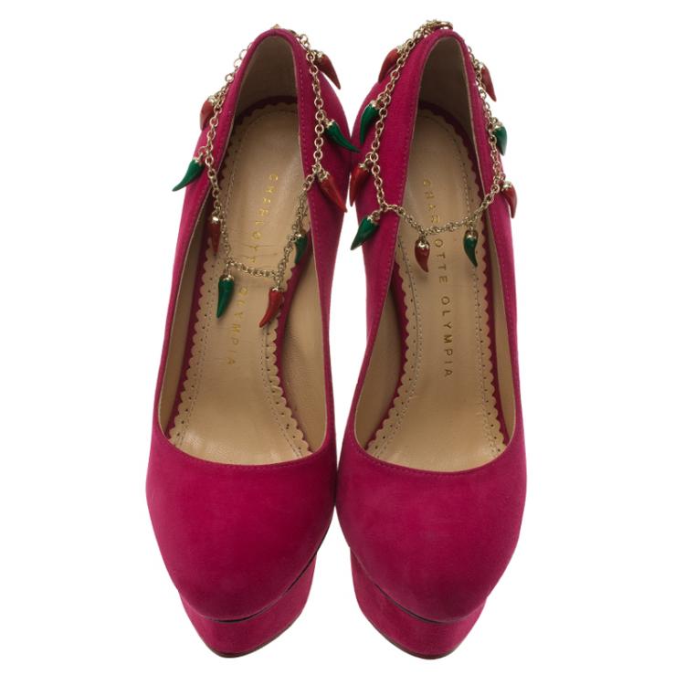 مملوكة مسبقًا Charlotte Olympia Pink Suede Hot Dolly Chili Anklet Platform Pumps Size 35.5