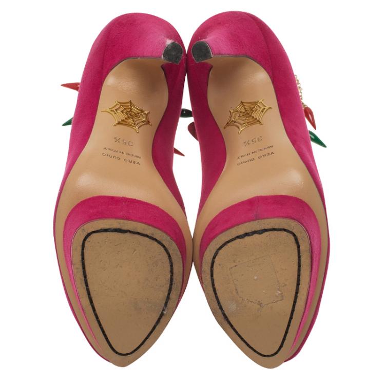 مملوكة مسبقًا Charlotte Olympia Pink Suede Hot Dolly Chili Anklet Platform Pumps Size 35.5