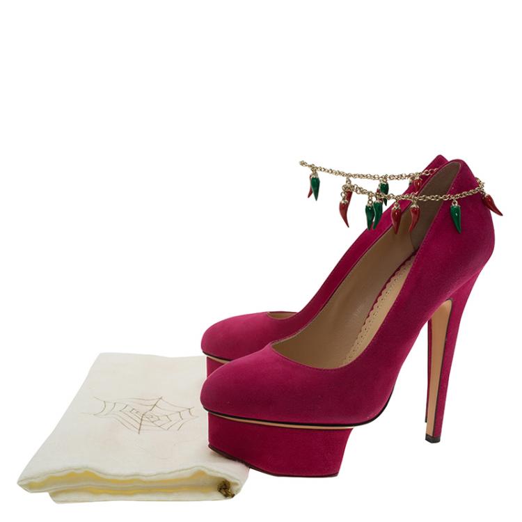 مملوكة مسبقًا Charlotte Olympia Pink Suede Hot Dolly Chili Anklet Platform Pumps Size 35.5