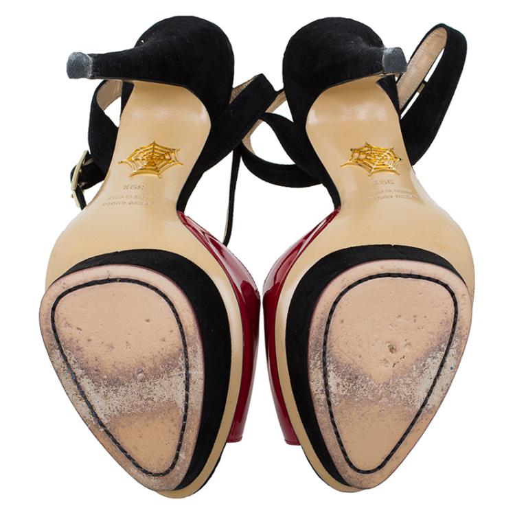 Pre Owned Charlotte Olympia Red Patent Kiss Me Ankle Strap Platform Sandals Size 39.5
