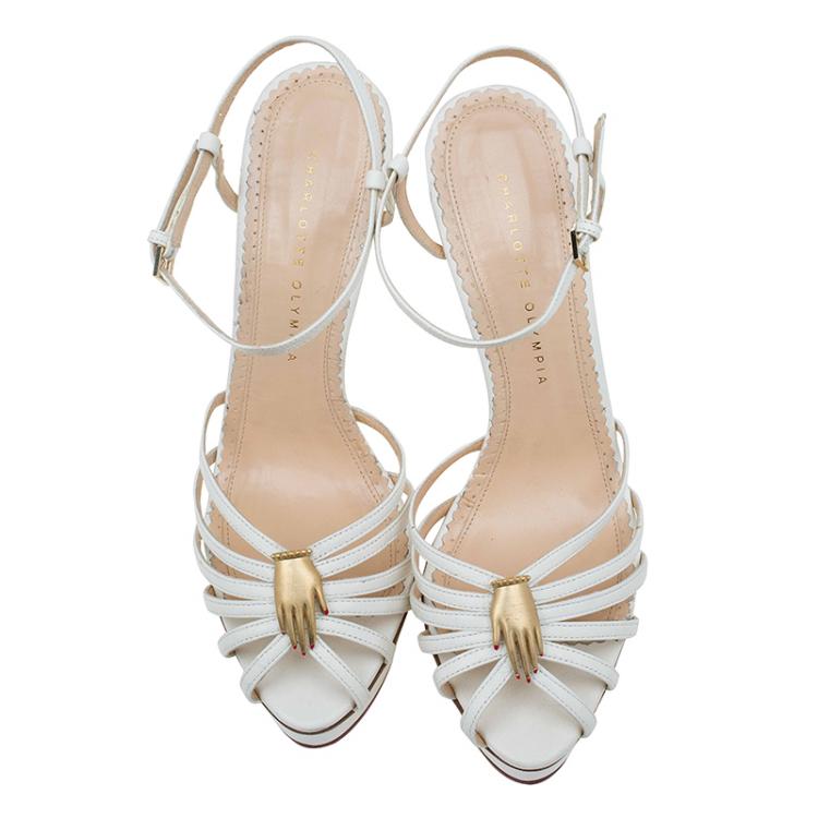 Pre Owned Charlotte Olympia Cream Studded Leather Ankle Strap Platform Sandals Size 41