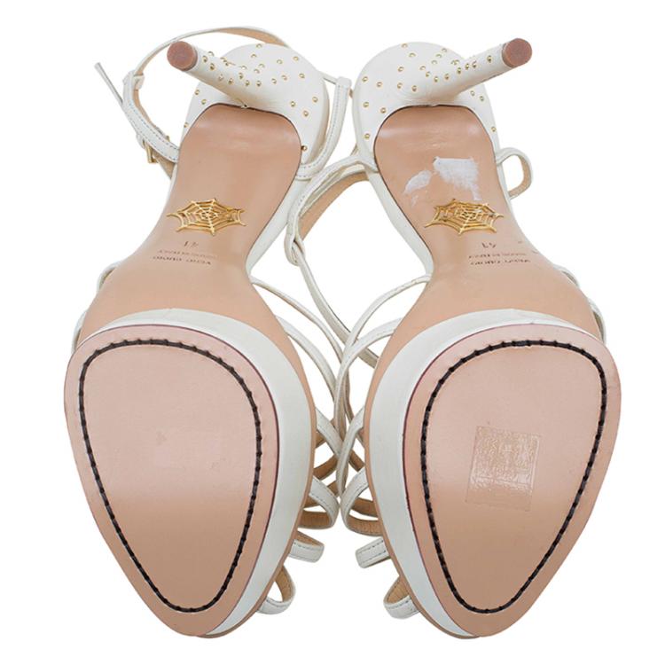 Pre Owned Charlotte Olympia Cream Studded Leather Ankle Strap Platform Sandals Size 41
