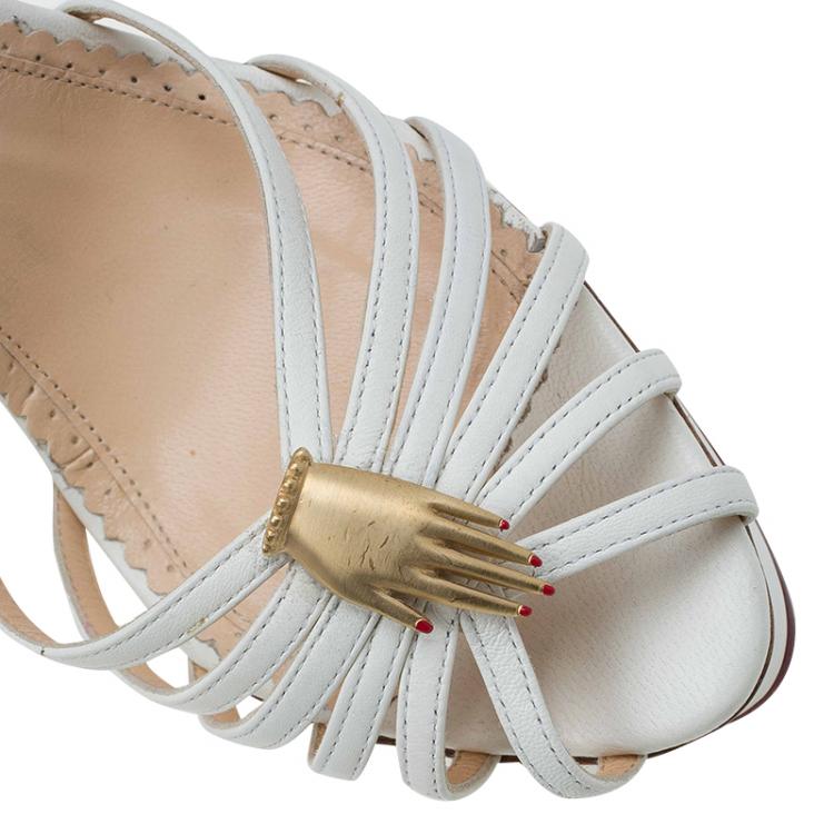 Pre Owned Charlotte Olympia Cream Studded Leather Ankle Strap Platform Sandals Size 41