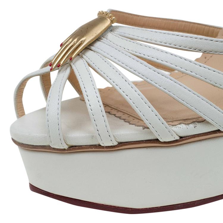 Pre Owned Charlotte Olympia Cream Studded Leather Ankle Strap Platform Sandals Size 41