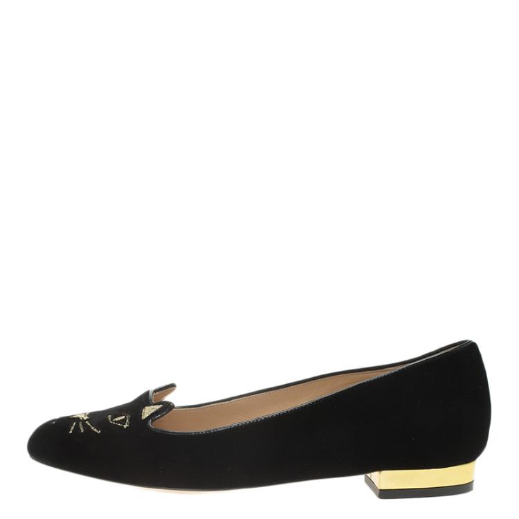 Pre Owned Charlotte Olympia Black Velvet Kitty Embroidered Flats Size 36