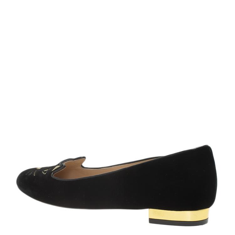 Pre Owned Charlotte Olympia Black Velvet Kitty Embroidered Flats Size 36