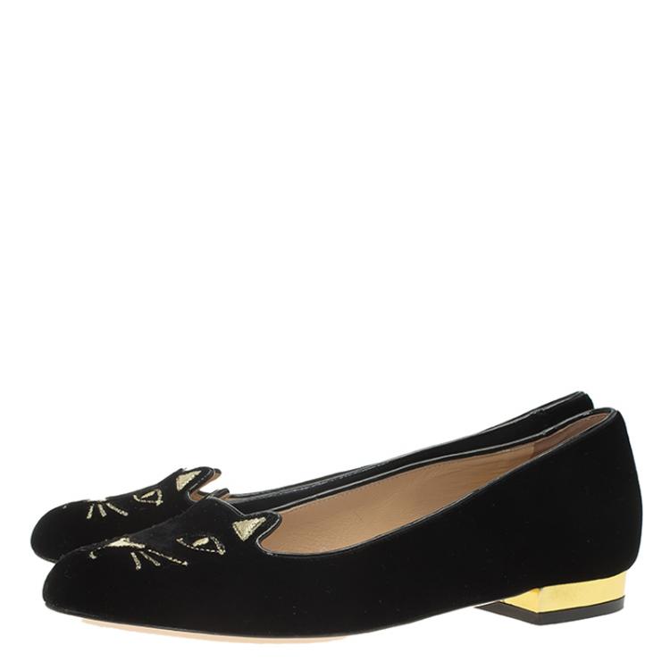 Pre Owned Charlotte Olympia Black Velvet Kitty Embroidered Flats Size 36