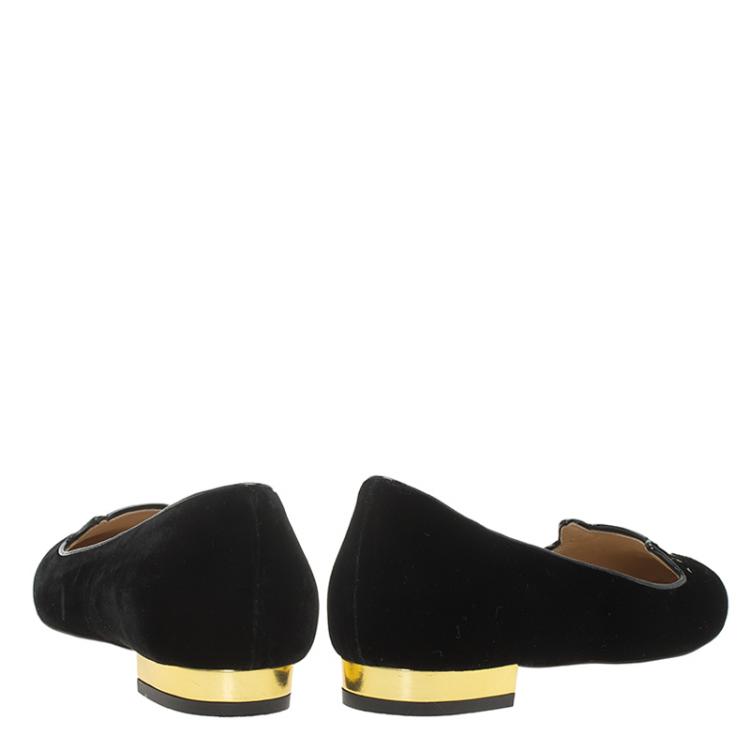 Pre Owned Charlotte Olympia Black Velvet Kitty Embroidered Flats Size 36