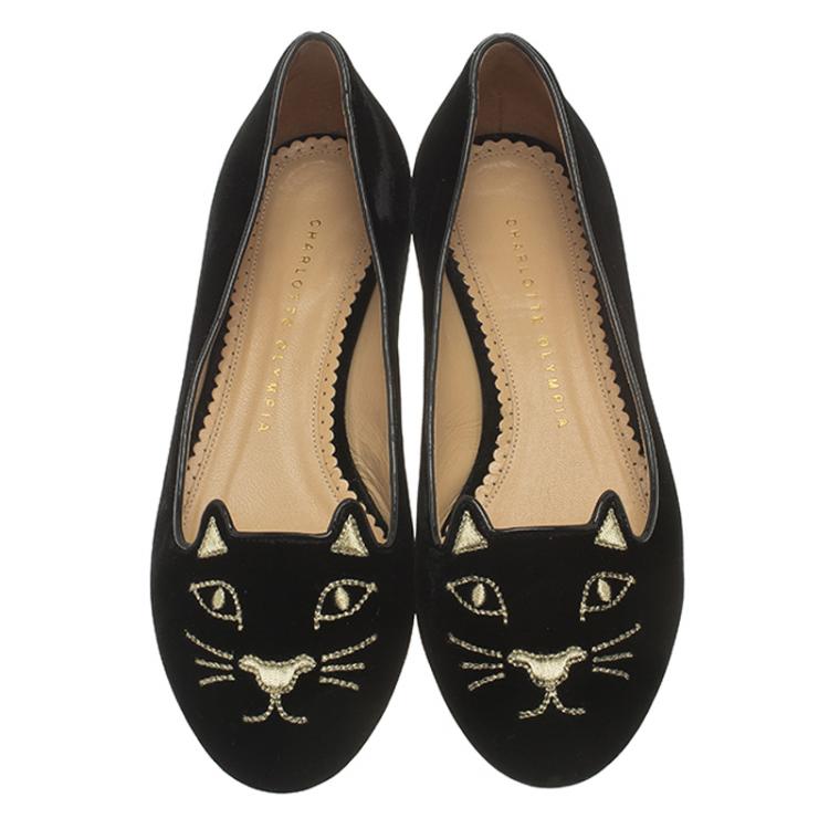 Pre Owned Charlotte Olympia Black Velvet Kitty Embroidered Flats Size 36