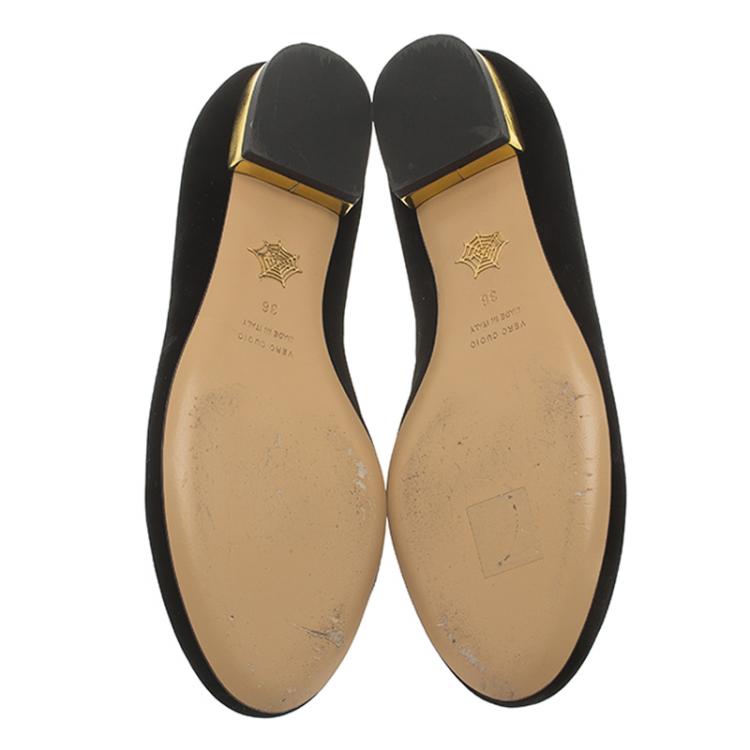 Pre Owned Charlotte Olympia Black Velvet Kitty Embroidered Flats Size 36