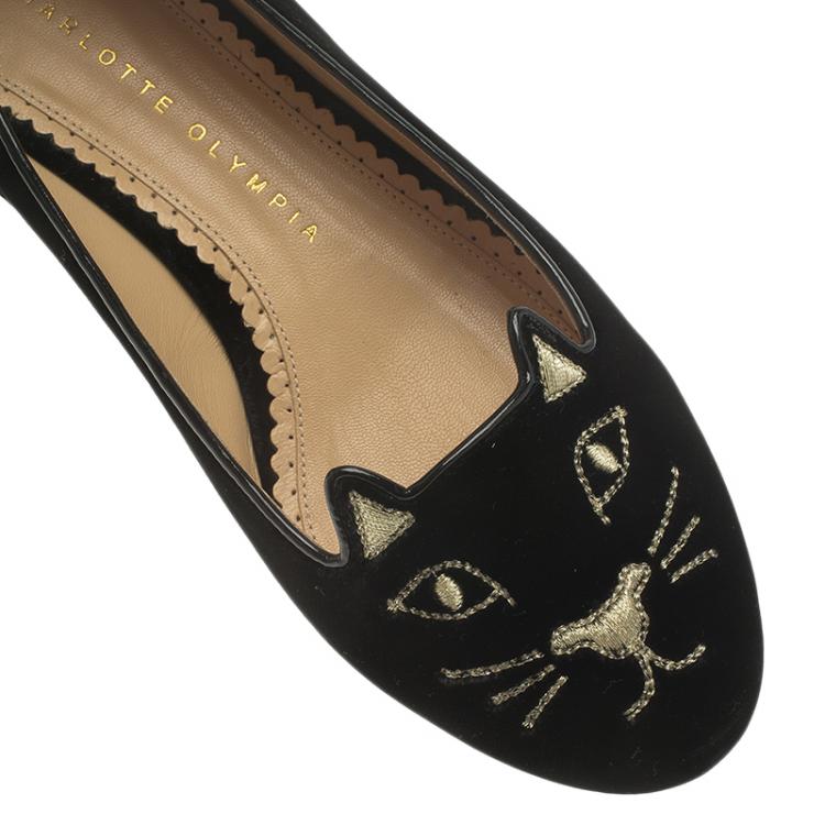Pre Owned Charlotte Olympia Black Velvet Kitty Embroidered Flats Size 36