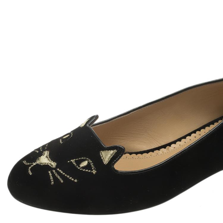 Pre Owned Charlotte Olympia Black Velvet Kitty Embroidered Flats Size 36