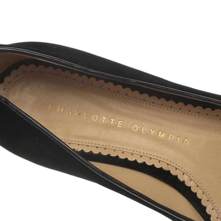 Pre Owned Charlotte Olympia Black Velvet Kitty Embroidered Flats Size 36