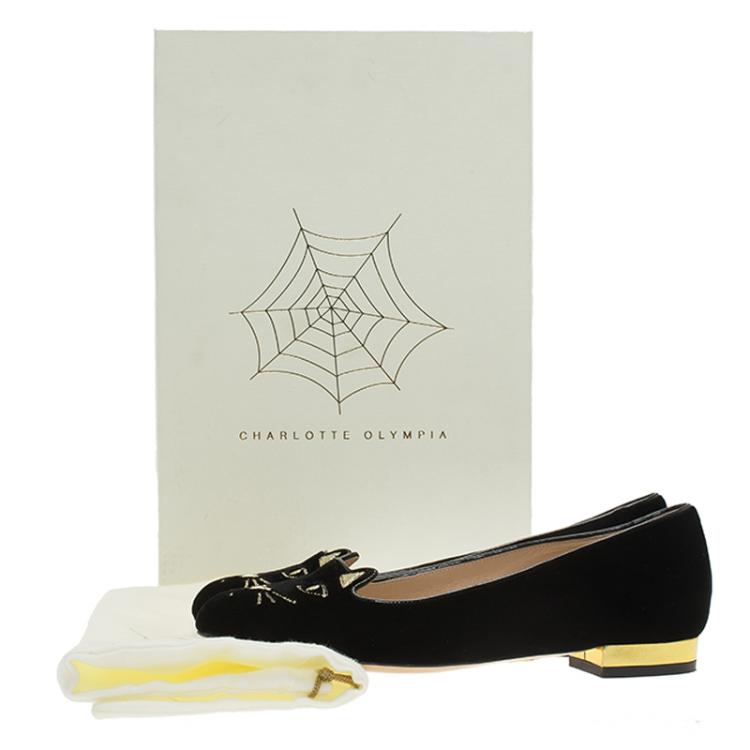 Pre Owned Charlotte Olympia Black Velvet Kitty Embroidered Flats Size 36