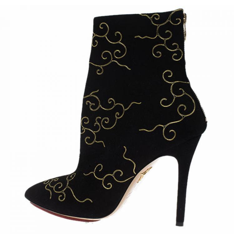 Pre Owned Charlotte Olympia Black Embroidered Suede Betsy Ankle Boots Size Size 39