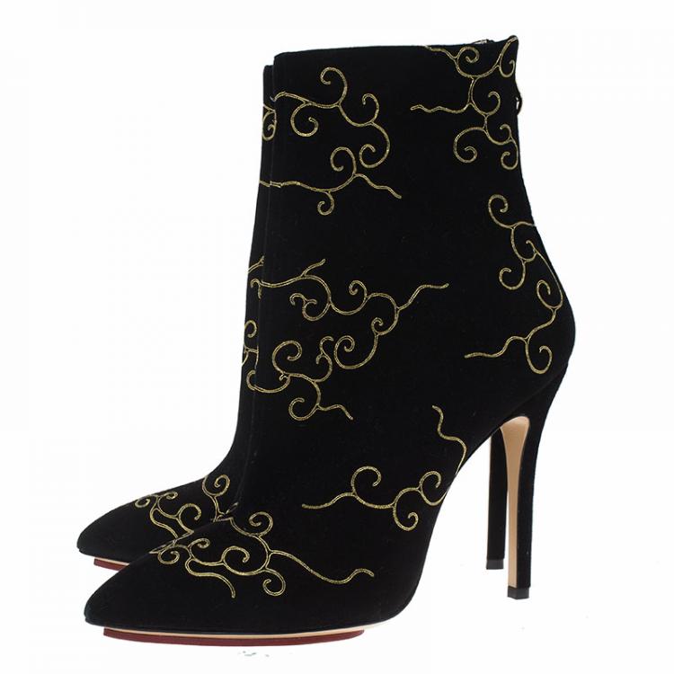 Pre Owned Charlotte Olympia Black Embroidered Suede Betsy Ankle Boots Size Size 39