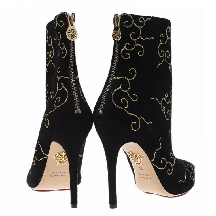 Pre Owned Charlotte Olympia Black Embroidered Suede Betsy Ankle Boots Size Size 39
