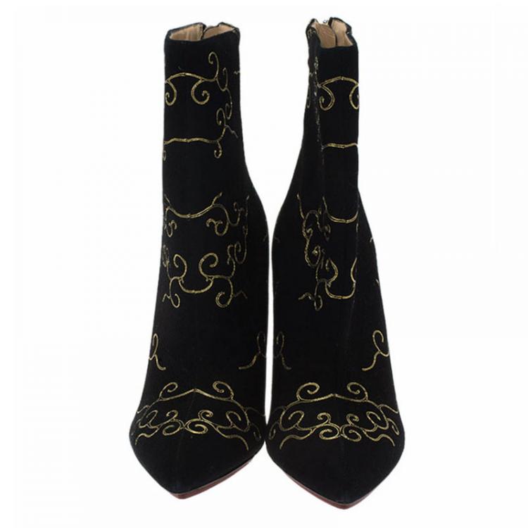 Pre Owned Charlotte Olympia Black Embroidered Suede Betsy Ankle Boots Size Size 39