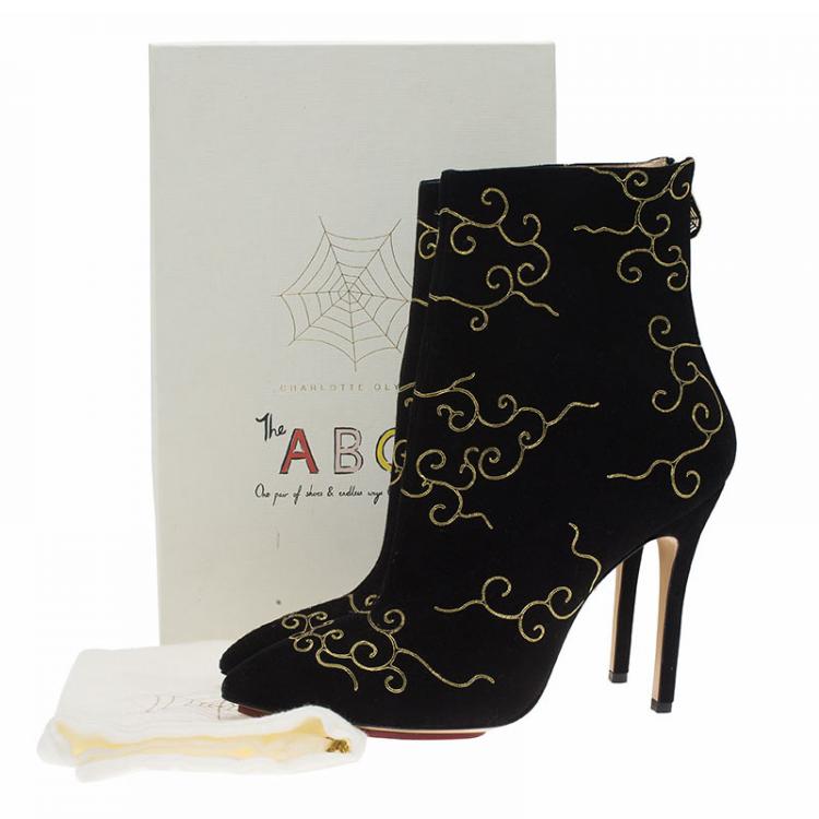 Pre Owned Charlotte Olympia Black Embroidered Suede Betsy Ankle Boots Size Size 39