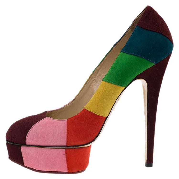 مملوكة مسبقًا Charlotte Olympia Multicolor Striped Suede Priscilla Platform Pumps Size 39
