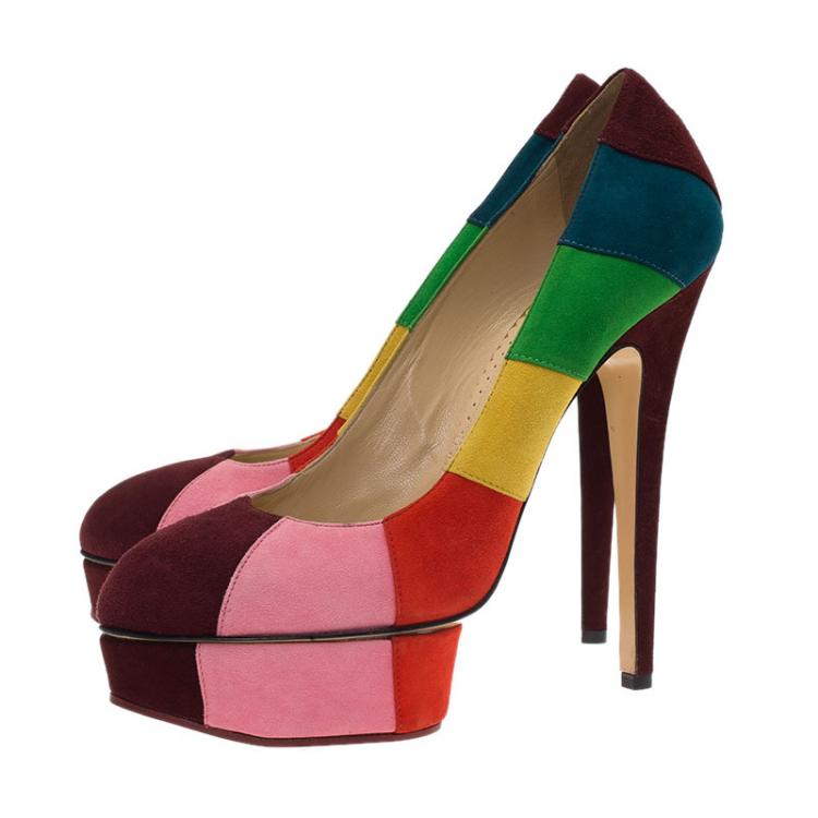 مملوكة مسبقًا Charlotte Olympia Multicolor Striped Suede Priscilla Platform Pumps Size 39