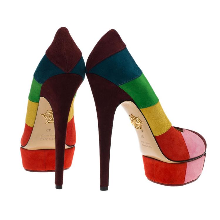 مملوكة مسبقًا Charlotte Olympia Multicolor Striped Suede Priscilla Platform Pumps Size 39