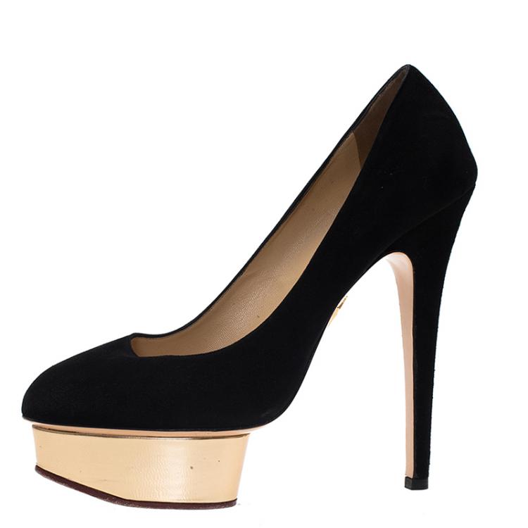 Pre Owned Charlotte Olympia Black Suede Dolly Platform Pumps Size 39