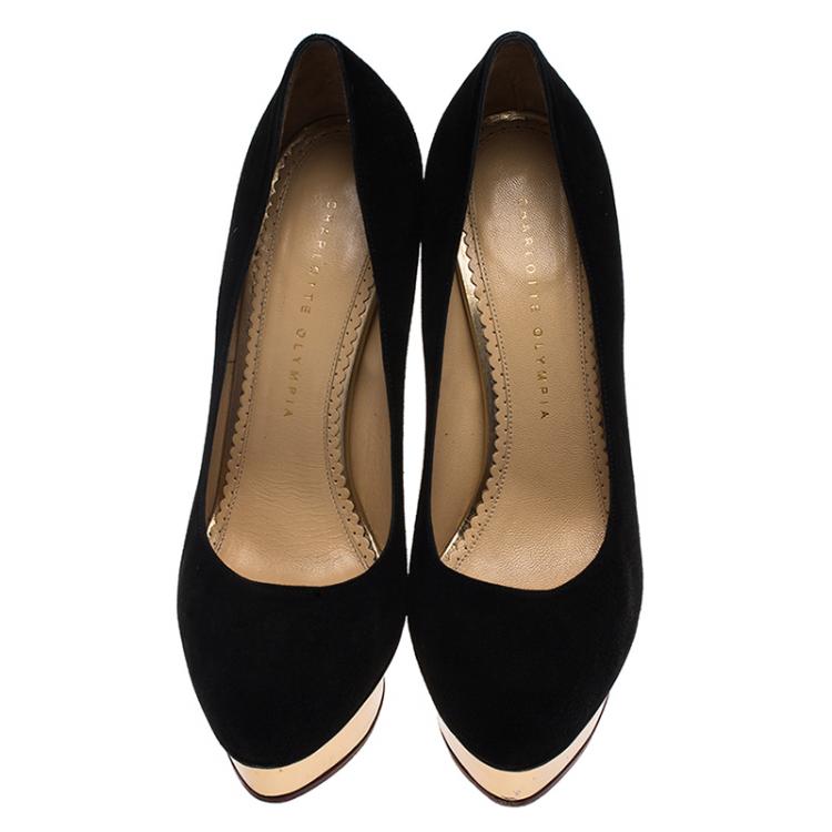 Pre Owned Charlotte Olympia Black Suede Dolly Platform Pumps Size 39