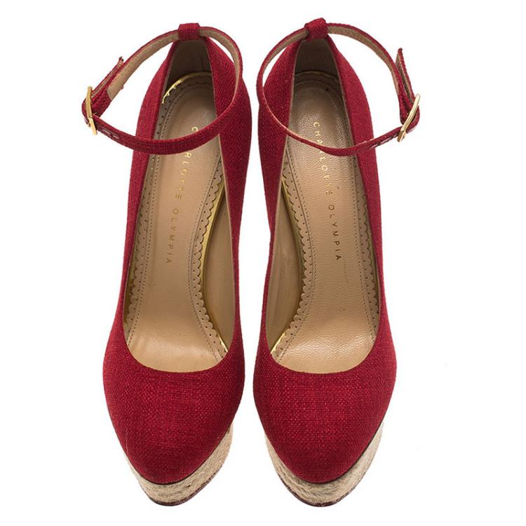 Pre Owned Charlotte Olympia Red Canvas Dolores Ankle Strap Platform Pumps Size 39