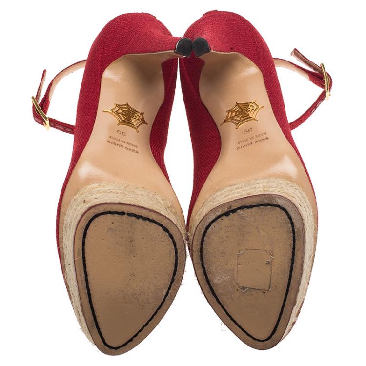 Pre Owned Charlotte Olympia Red Canvas Dolores Ankle Strap Platform Pumps Size 39