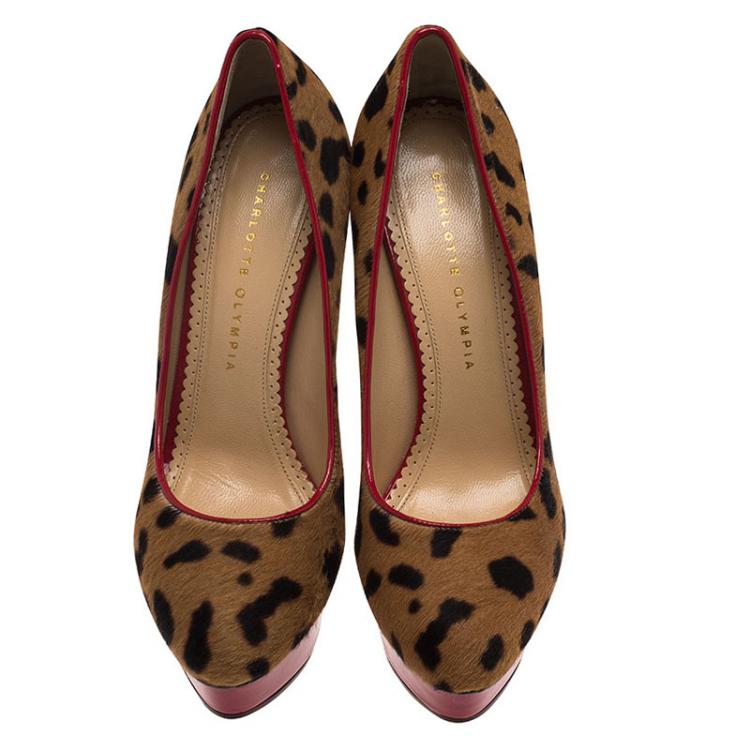 Pre Owned Charlotte Olympia Leopard Print Calf Hair and Red Patent Polly Platform Pumps Size 39