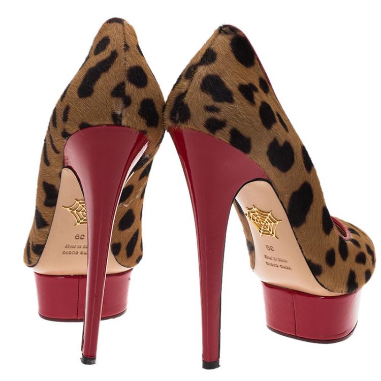 Pre Owned Charlotte Olympia Leopard Print Calf Hair and Red Patent Polly Platform Pumps Size 39
